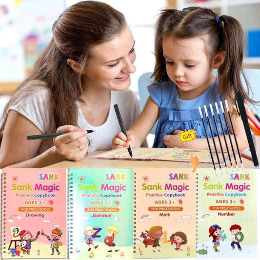 Magic Practice Copybook Set For Kids (4 Books + 1 Pen + 1 Grip & 10 Refills)
