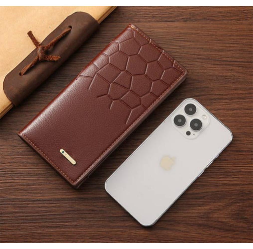 Men's Long Leather Wallet - Textured Design